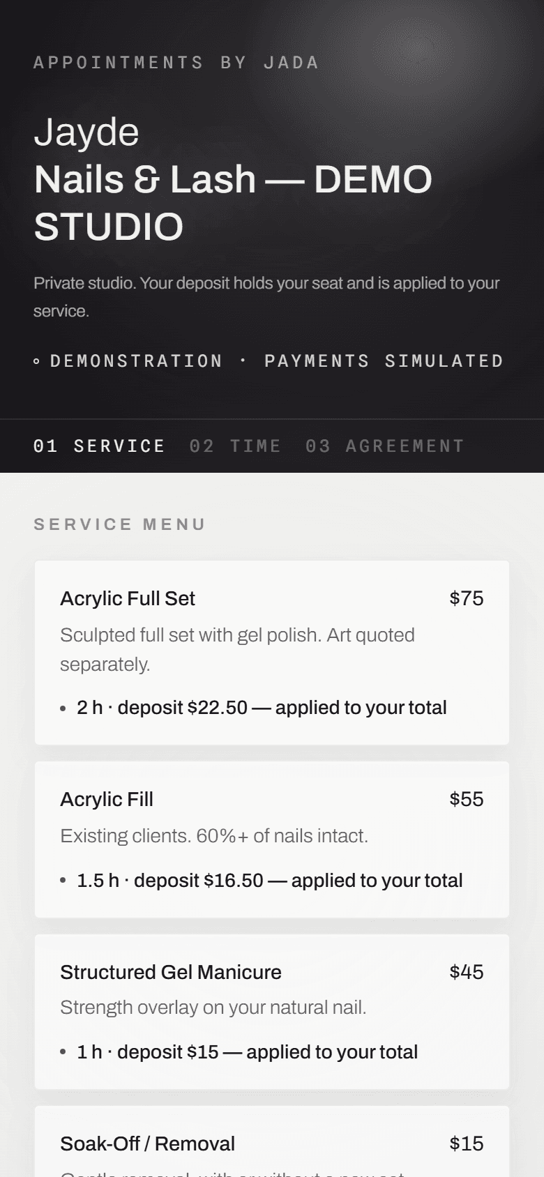 The demonstration studio's public booking page on a phone: the service menu, and the three steps — service, time, agreement.