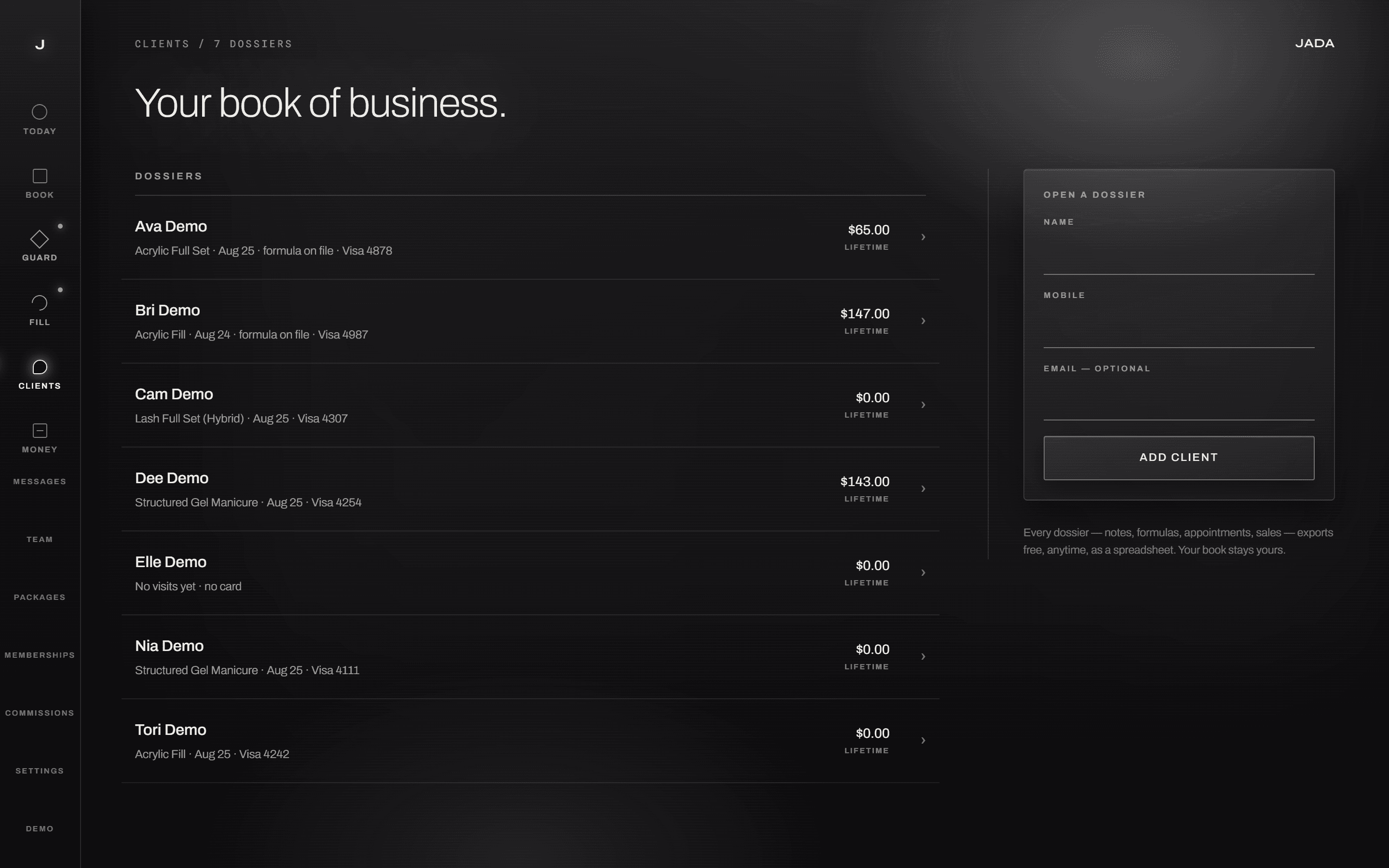 JADA Clients: dossiers with service history, notes and lifetime value — demonstration data.
