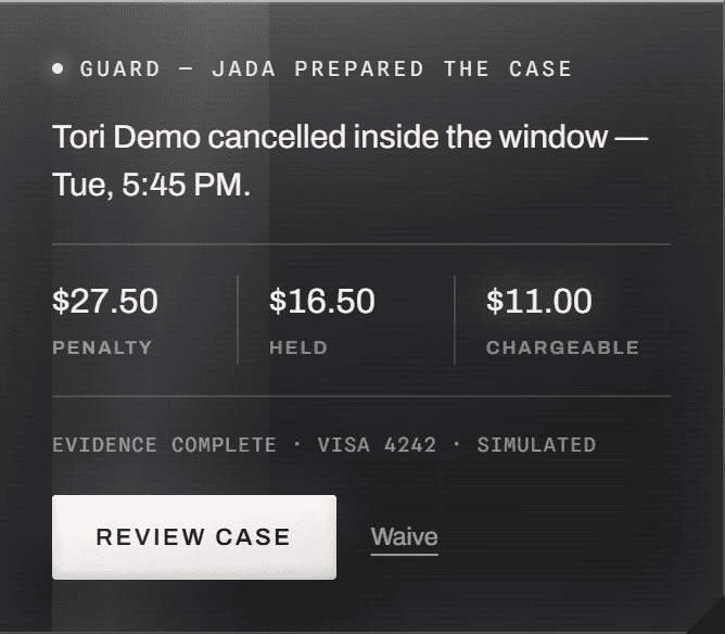 Close-up of a prepared policy case on JADA's Today screen: the penalty, the deposit held, the chargeable amount, and the line reading evidence complete — a demonstration case, payment simulated.