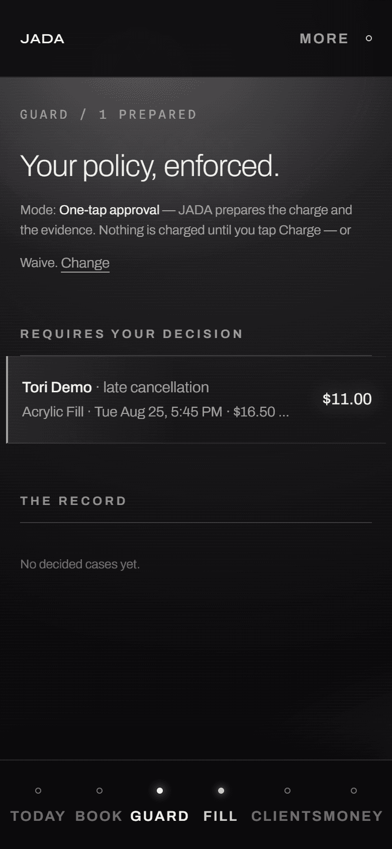 JADA Guard on a phone: a late cancellation prepared as a case, awaiting one decision — demonstration data, payment simulated.