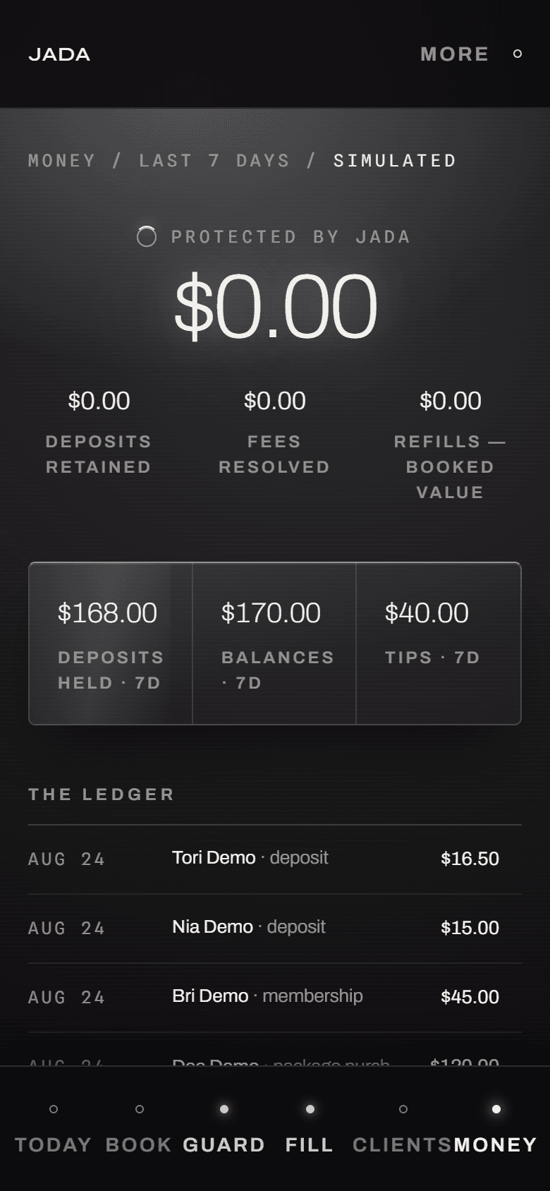 JADA Money on a phone: balances, deposits held and the ledger behind each number.